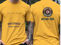Personalised We Love the 70s Big Weekender Tee — yellow tee, front and back view