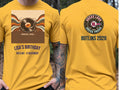Personalised We Love the 70s Big Weekender Tee — yellow tee, front and back view
