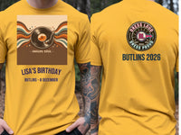 Personalised We Love the 70s Big Weekender Tee — yellow tee, front and back view