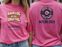 Personalised We Love the 70s Big Weekender Tee — azalea tee, front and back view