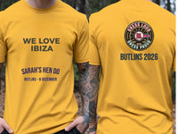 Personalised We Love Ibiza Big Weekender Tee — yellow tee, front and back view