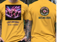 Personalised Back to 2000s Big Weekender Tee — yellow tee, front and back view