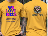 Personalised We Love Ibiza Big Weekender Tee — yellow tee, front and back view