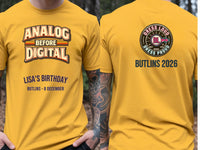 Personalised We Love the 70s Big Weekender Tee — yellow tee, front and back view