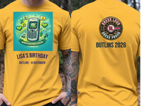 Personalised Back to 2000s Big Weekender Tee — yellow tee, front and back view