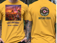 Personalised Back to 2000s Big Weekender Tee — yellow tee, front and back view