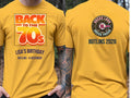Personalised We Love the 70s Big Weekender Tee — yellow tee, front and back view