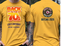 Personalised We Love the 70s Big Weekender Tee — yellow tee, front and back view