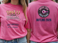 Personalised We Love the 70s Big Weekender Tee — azalea tee, front and back view