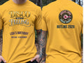 Personalised We Love the 70s Big Weekender Tee — yellow tee, front and back view