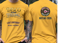 Personalised We Love the 70s Big Weekender Tee — yellow tee, front and back view