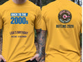 Personalised Back to 2000s Big Weekender Tee — yellow tee, front and back view