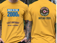 Personalised Back to 2000s Big Weekender Tee — yellow tee, front and back view