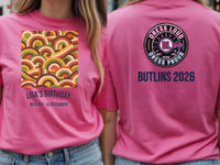 Personalised We Love the 70s Big Weekender Tee — azalea tee, front and back view