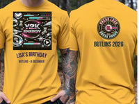 Personalised Back to 2000s Big Weekender Tee — yellow tee, front and back view
