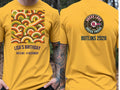 Personalised We Love the 70s Big Weekender Tee — yellow tee, front and back view