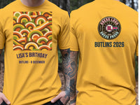 Personalised We Love the 70s Big Weekender Tee — yellow tee, front and back view