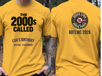 Personalised Back to 2000s Big Weekender Tee — yellow tee, front and back view