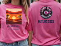 Personalised We Love the 70s Big Weekender Tee — azalea tee, front and back view