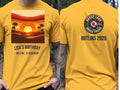 Personalised We Love the 70s Big Weekender Tee — yellow tee, front and back view