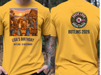Personalised We Love the 70s Big Weekender Tee — yellow tee, front and back view