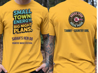 Personalised Country Weekender Unisex Tee — yellow tee, front and back view