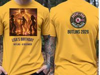 Personalised We Love the 70s Big Weekender Tee — yellow tee, front and back view