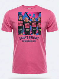 Loud Portrait Tee — Custom Pop Art T-Shirt From Your Photo — pink tee, front view