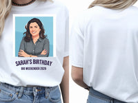 Retro Weekender Tee — Custom Travel Poster T-Shirt From Your Photo — white tee, front and back view