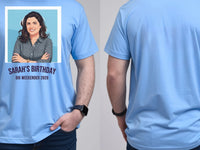 Retro Weekender Tee — Custom Travel Poster T-Shirt From Your Photo — carolina blue tee, front and back view