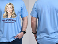 Watercolour Portrait Tee — Custom Painted Photo T-Shirt — carolina blue tee, front and back view