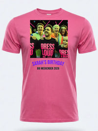 Rave Flyer Tee — 90s Reloaded Weekender Custom Photo T-Shirt — pink tee, front view
