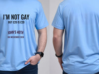 Personalised Banter Tee — carolina blue tee, front and back view