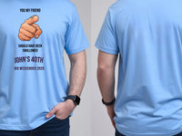 Personalised Banter Tee — carolina blue tee, front and back view