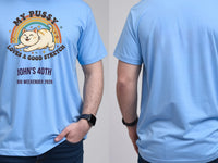 Personalised Banter Tee — carolina blue tee, front and back view