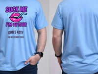 Personalised Banter Tee — carolina blue tee, front and back view