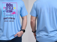 Personalised 80s Tee — carolina blue tee, front and back view