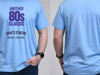 Personalised 80s Tee — carolina blue tee, front and back view