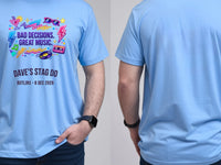 Personalised 80s Tee — carolina blue tee, front and back view