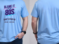 Personalised 80s Tee — carolina blue tee, front and back view