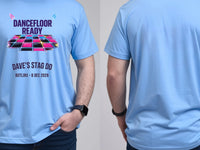Personalised 80s Tee — carolina blue tee, front and back view