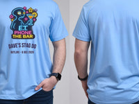 Personalised 80s Tee — carolina blue tee, front and back view