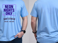 Personalised 80s Tee — carolina blue tee, front and back view