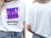 Personalised 80s Tee — white tee, front and back view