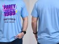 Personalised 80s Tee — carolina blue tee, front and back view