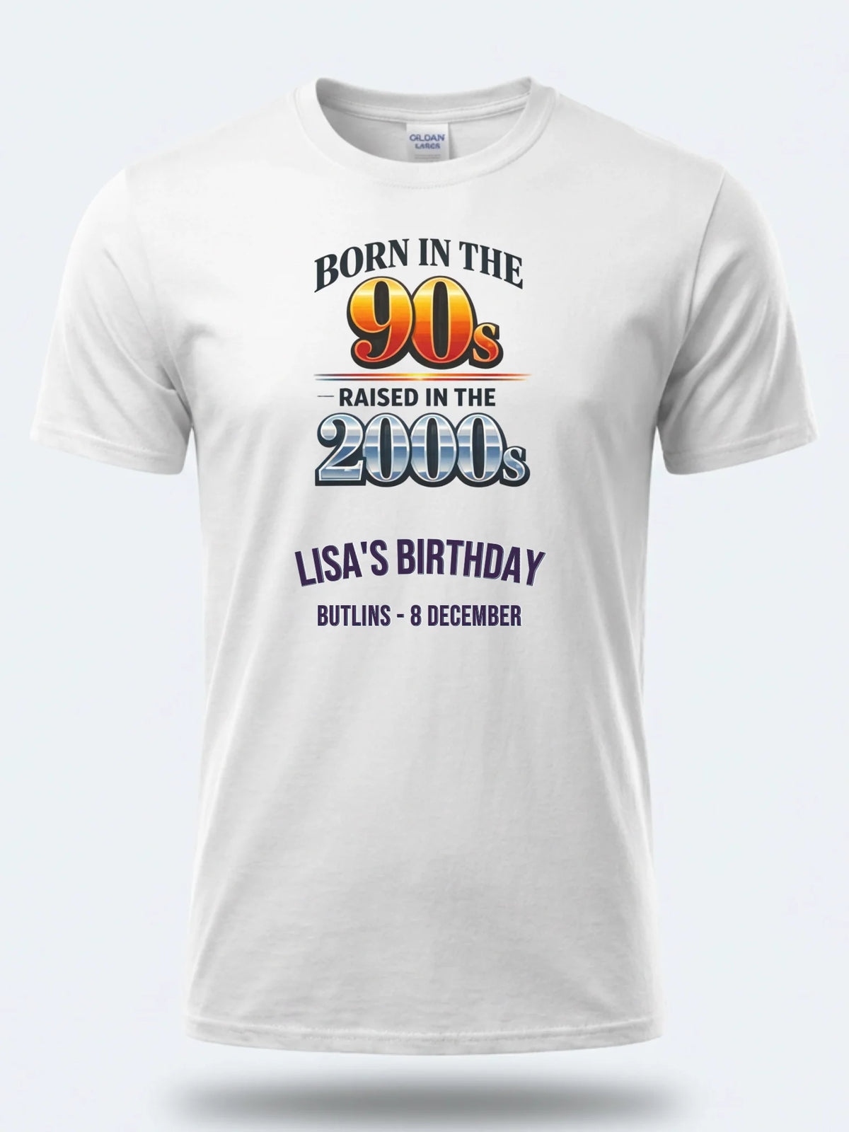 Personalised 90s Tee — white tee, front view