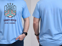 Personalised Bugged out Tee — carolina blue tee, front and back view