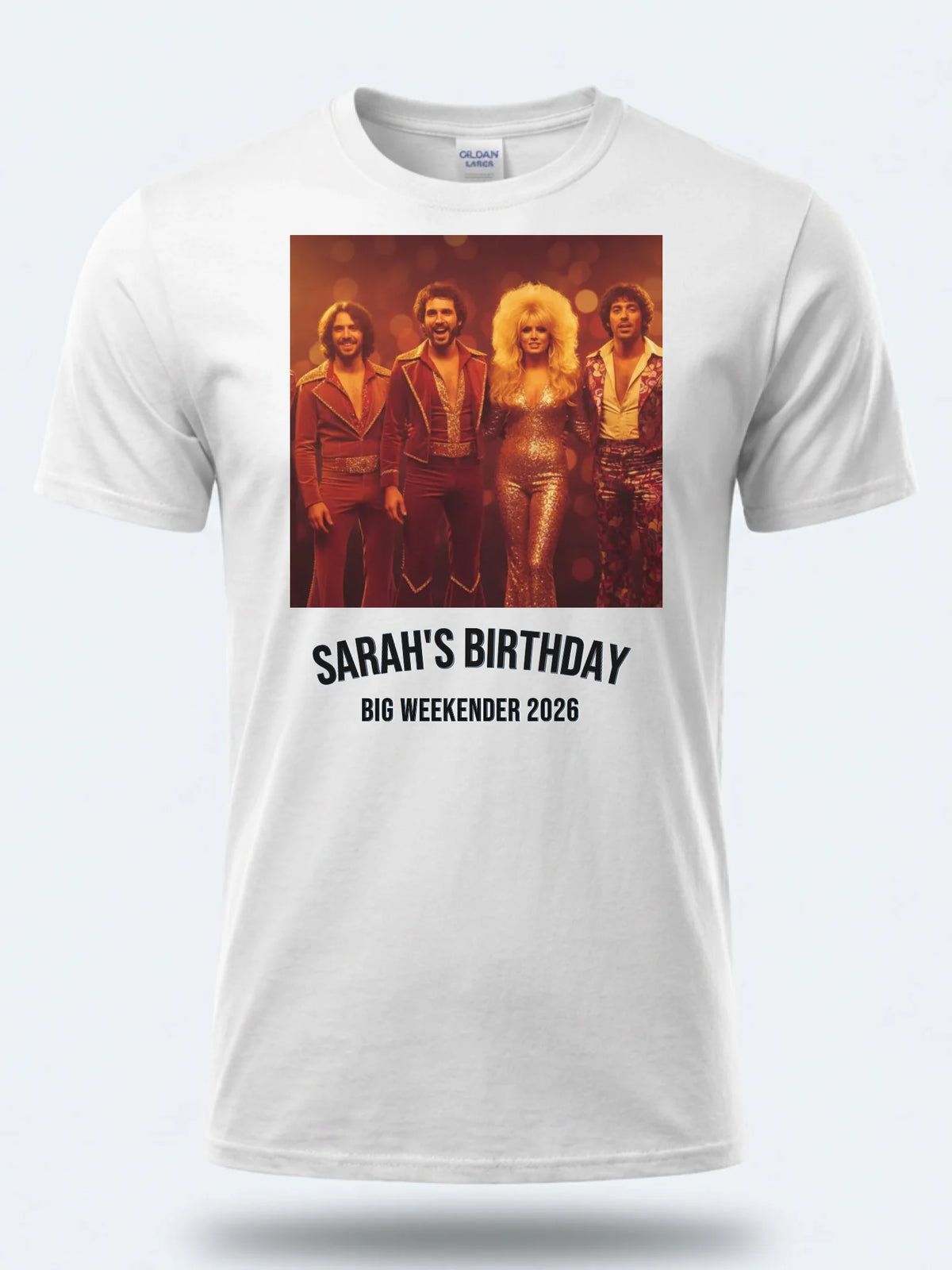 Vinyl Cover Tee — We Love the 70s Weekender Custom Photo T-Shirt — white tee, front view