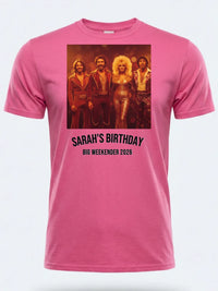 Vinyl Cover Tee — We Love the 70s Weekender Custom Photo T-Shirt — pink tee, front view