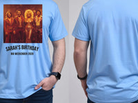 Vinyl Cover Tee — We Love the 70s Weekender Custom Photo T-Shirt — carolina blue tee, front and back view